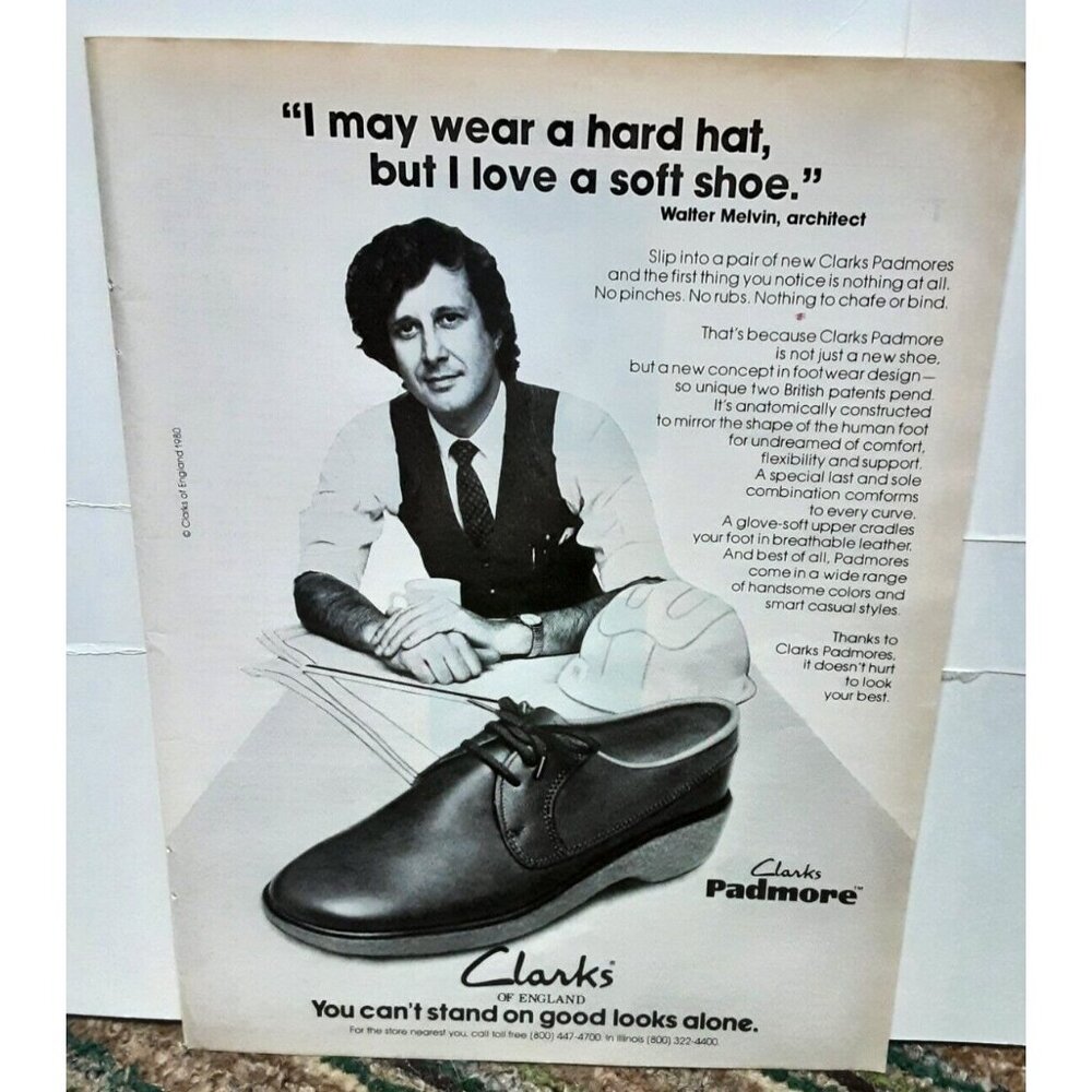 1980 Clarks Of England Padmore Shoes Walter Melvin Original print ad